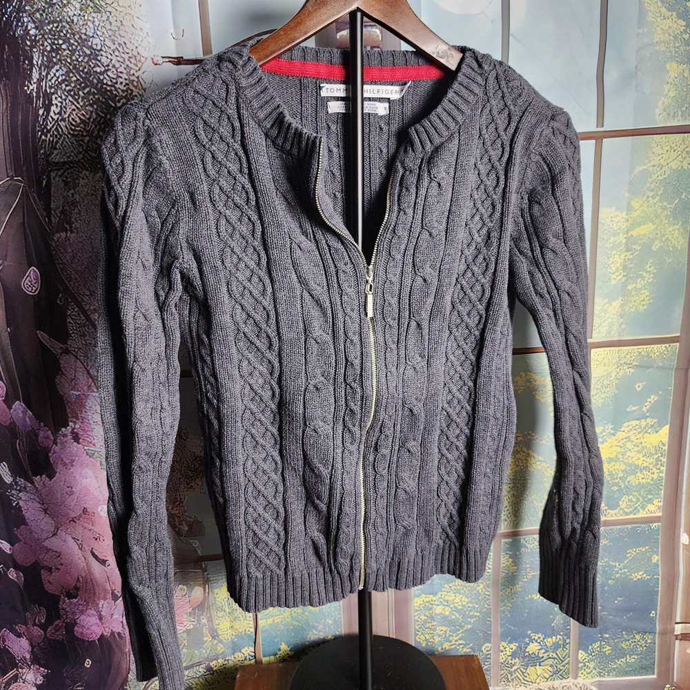 S Gray Full Zip Tommy Hilfiger Cable Cardigan Sweater